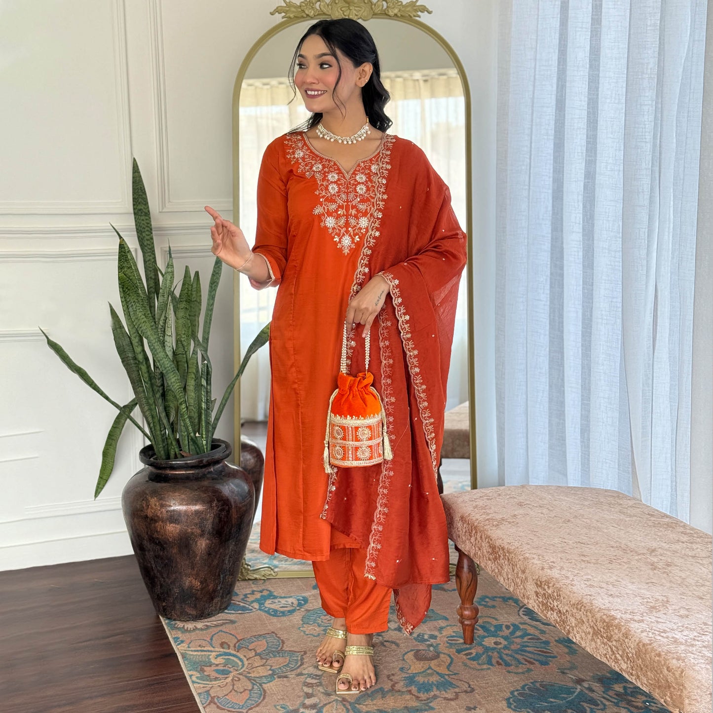 Agniha Rust Orange Viscose Chinon Embroidered Kurta Set