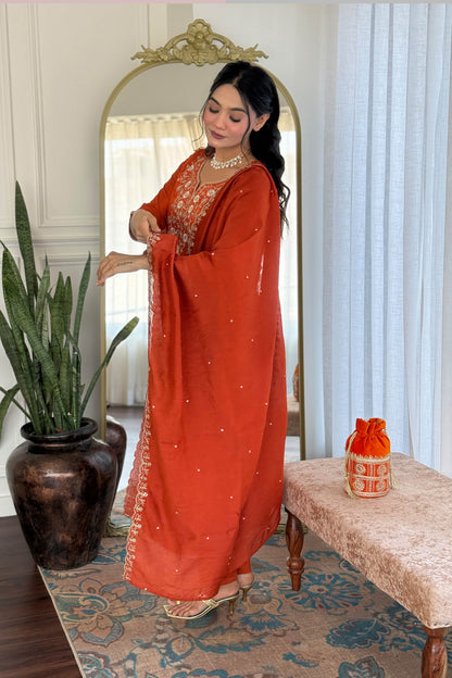 Agniha Rust Orange Viscose Chinon Embroidered Kurta Set