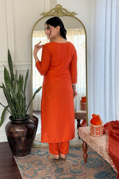 Agniha Rust Orange Viscose Chinon Embroidered Kurta Set
