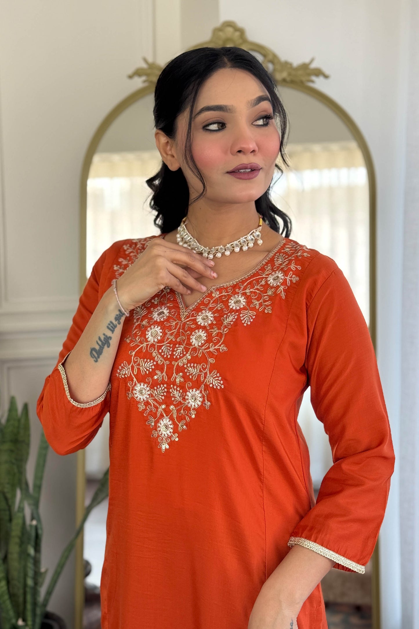 Agniha Rust Orange Viscose Chinon Embroidered Kurta Set
