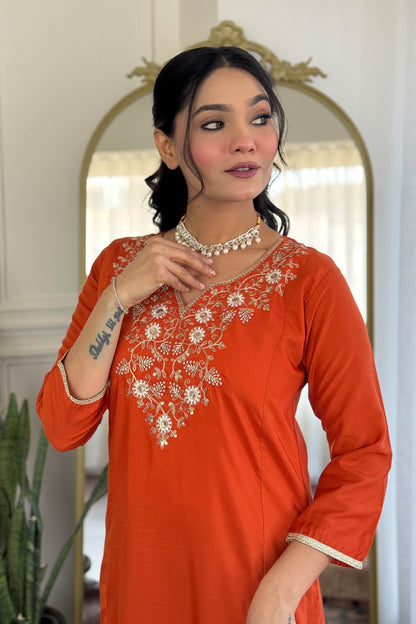 Agniha Rust Orange Viscose Chinon Embroidered Kurta Set