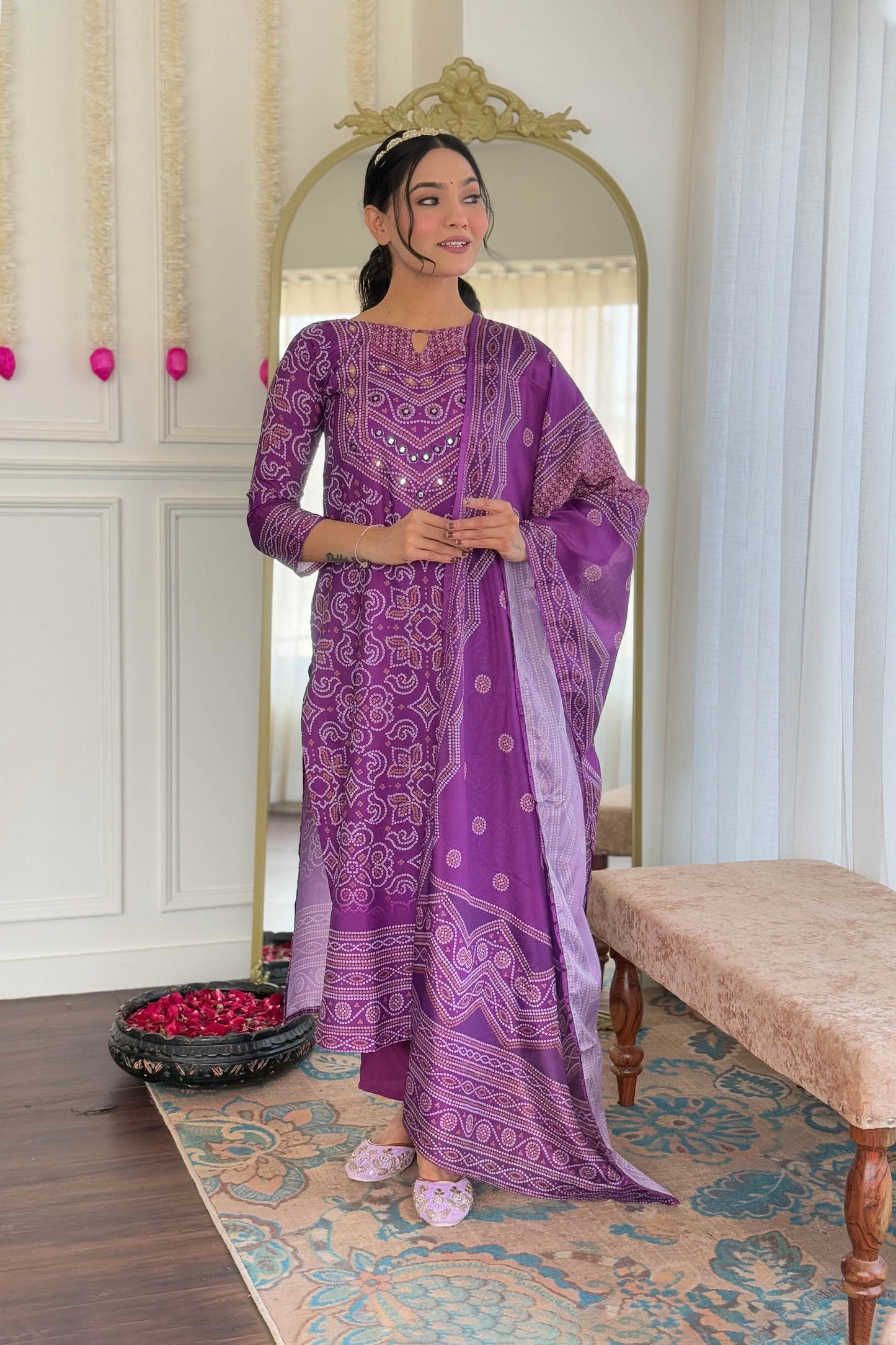 Taruni Purple French Crepe Bandhani Mirror Work Kurta Set
