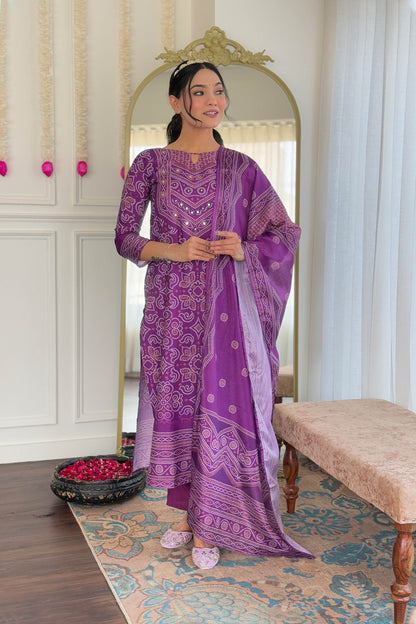 Taruni Purple French Crepe Bandhani Mirror Work Kurta Set
