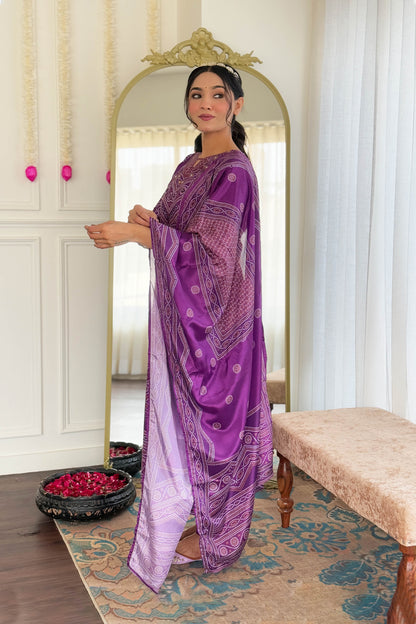Taruni Purple French Crepe Bandhani Mirror Work Kurta Set