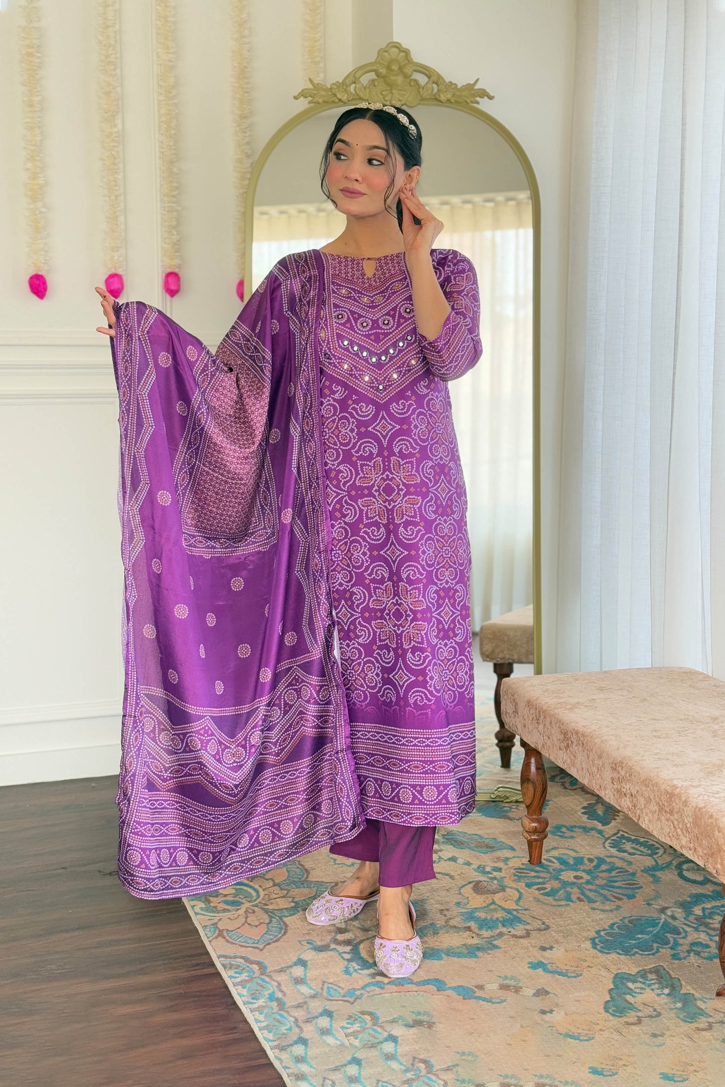 Taruni Purple French Crepe Bandhani Mirror Work Kurta Set