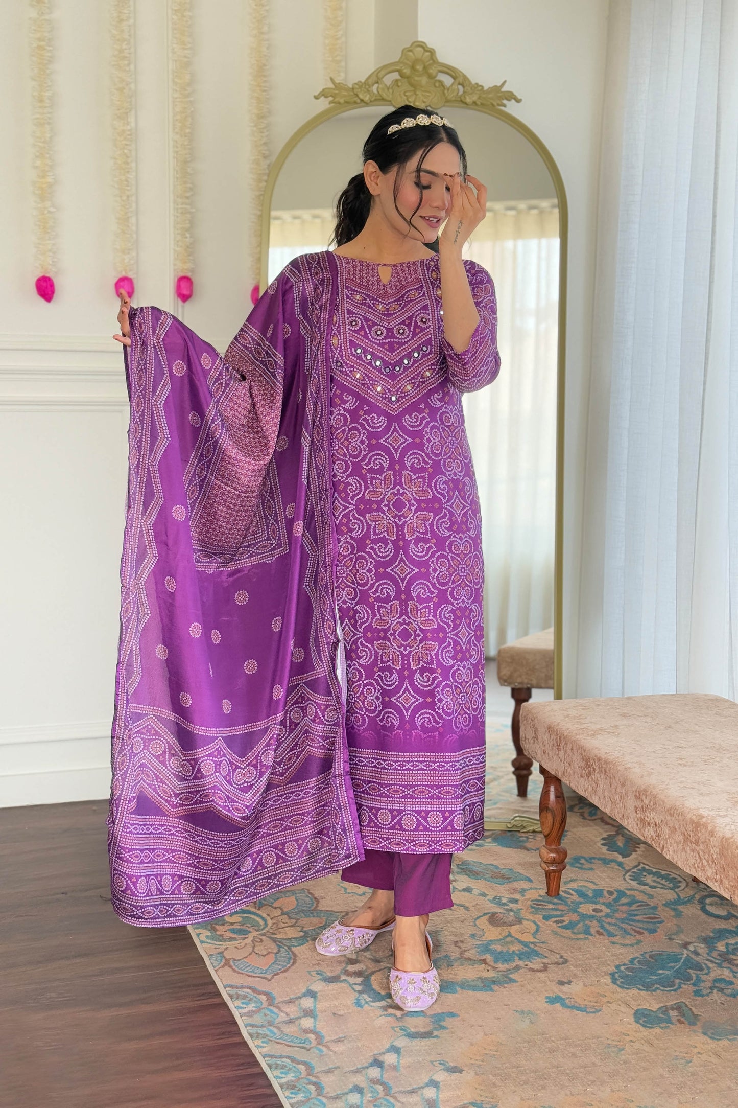 Taruni Purple French Crepe Bandhani Mirror Work Kurta Set