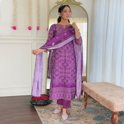 Taruni Purple French Crepe Bandhani Mirror Work Kurta Set