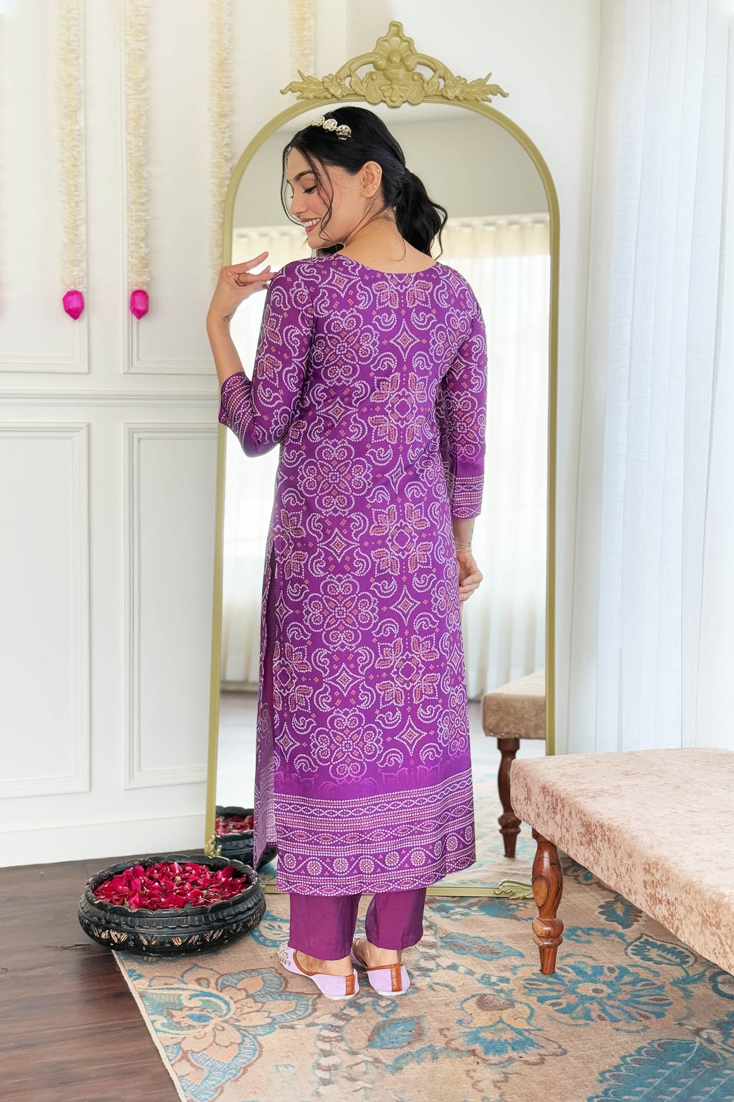 Taruni Purple French Crepe Bandhani Mirror Work Kurta Set