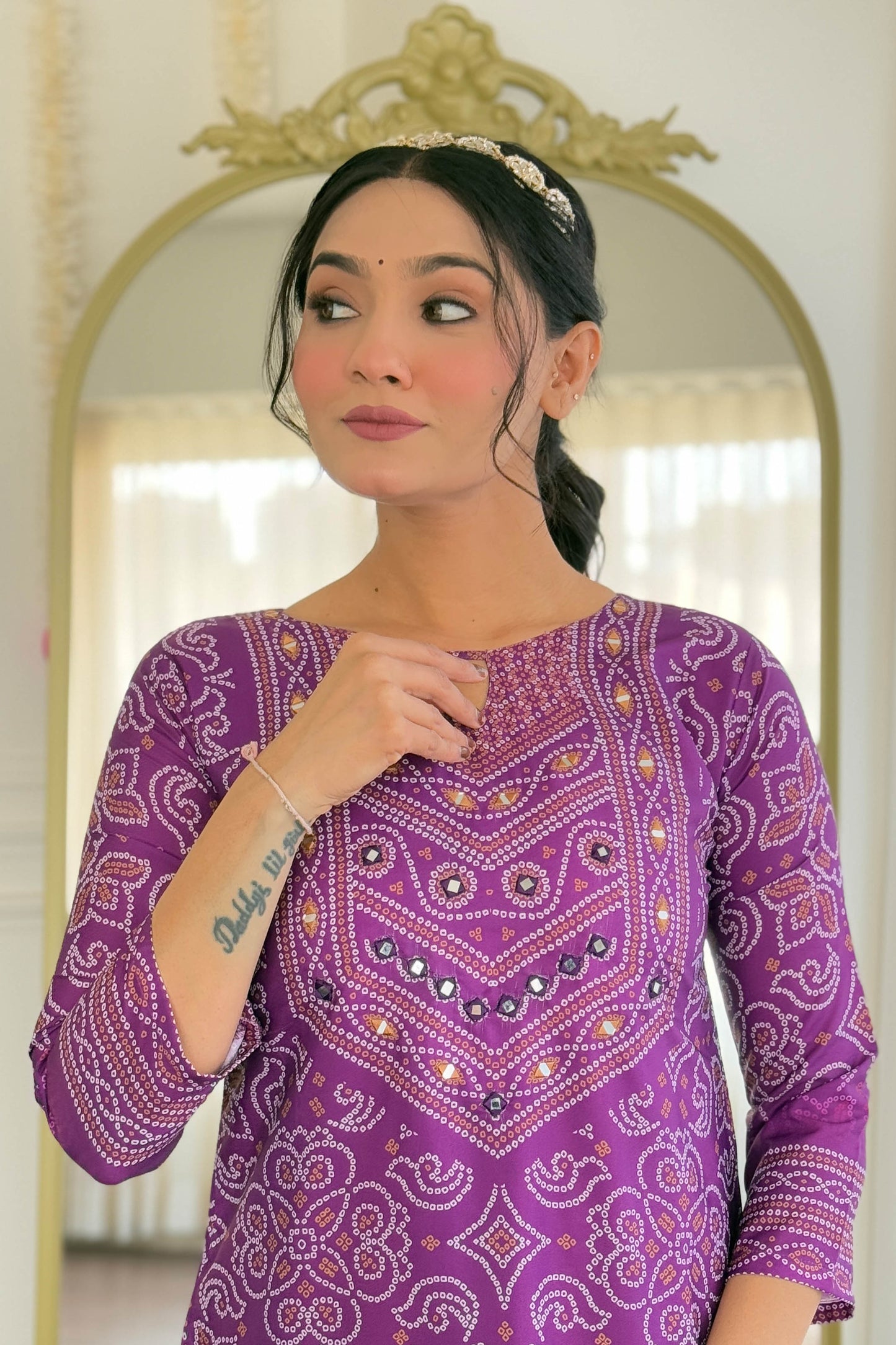 Taruni Purple French Crepe Bandhani Mirror Work Kurta Set