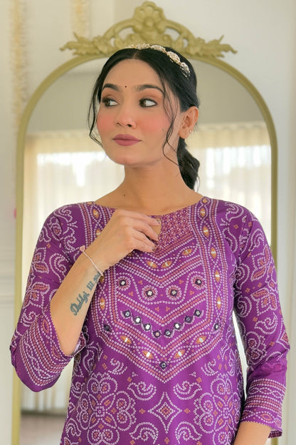 Taruni Purple French Crepe Bandhani Mirror Work Kurta Set