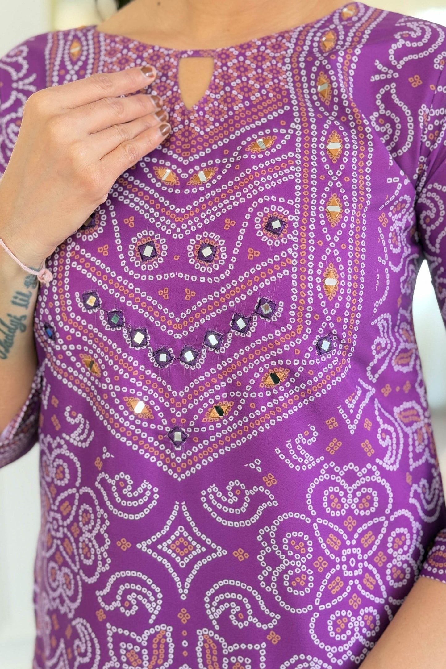 Taruni Purple French Crepe Bandhani Mirror Work Kurta Set