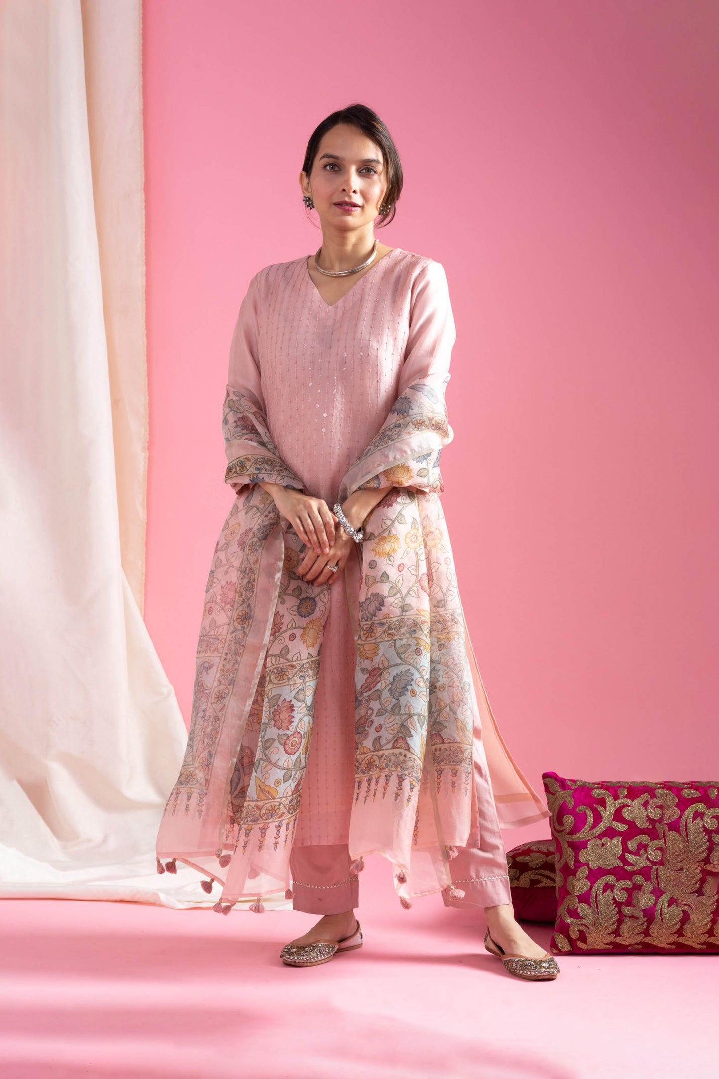 Saumya Blush Pink Viscose Chanderi Embroidered Kurta Set