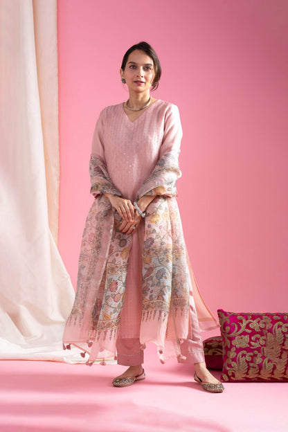Saumya Blush Pink Viscose Chanderi Embroidered Kurta Set
