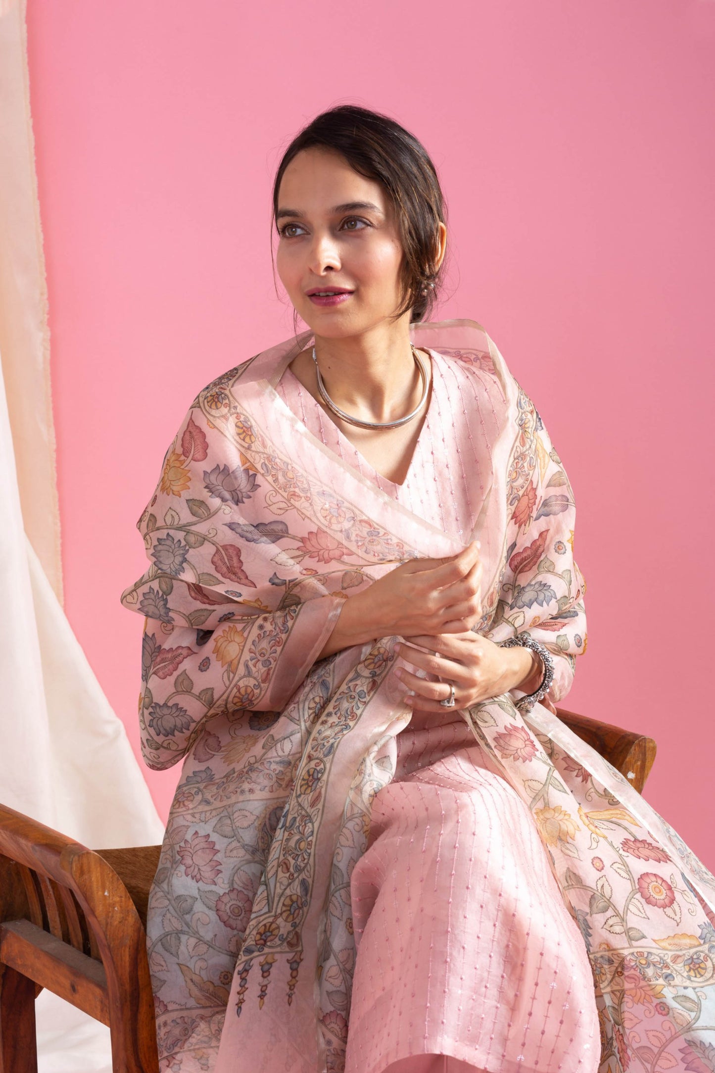 Saumya Blush Pink Viscose Chanderi Embroidered Kurta Set