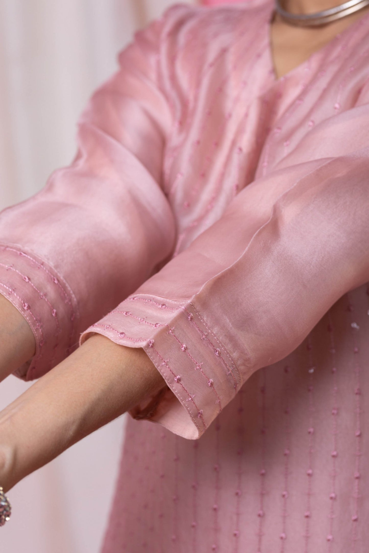 Saumya Blush Pink Viscose Chanderi Embroidered Kurta Set