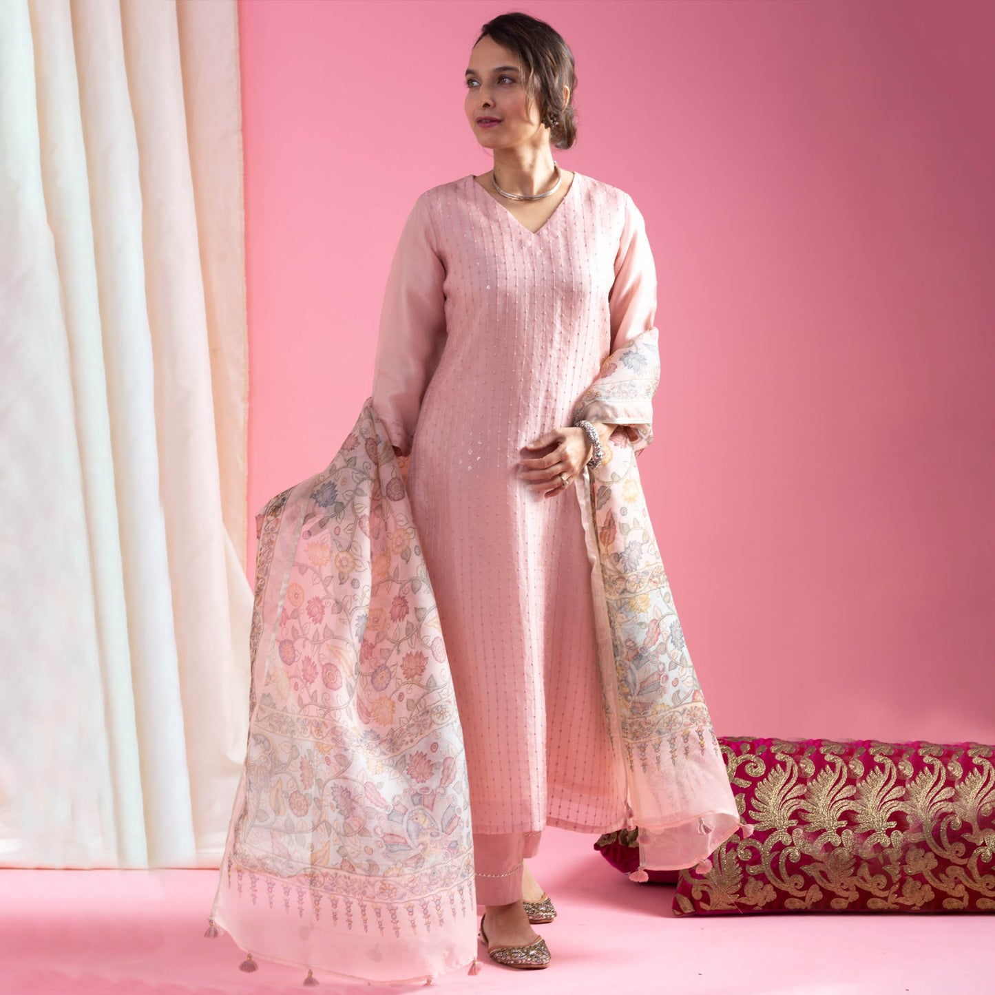 Saumya Blush Pink Viscose Chanderi Embroidered Kurta Set