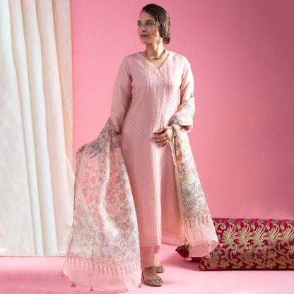 Saumya Blush Pink Viscose Chanderi Embroidered Kurta Set