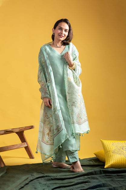 Nairica Sage Green Viscose Chanderi Embroidered Kurta Set