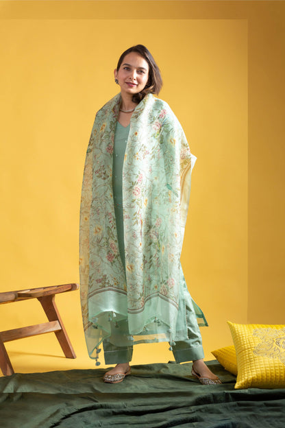 Nairica Sage Green Viscose Chanderi Embroidered Kurta Set