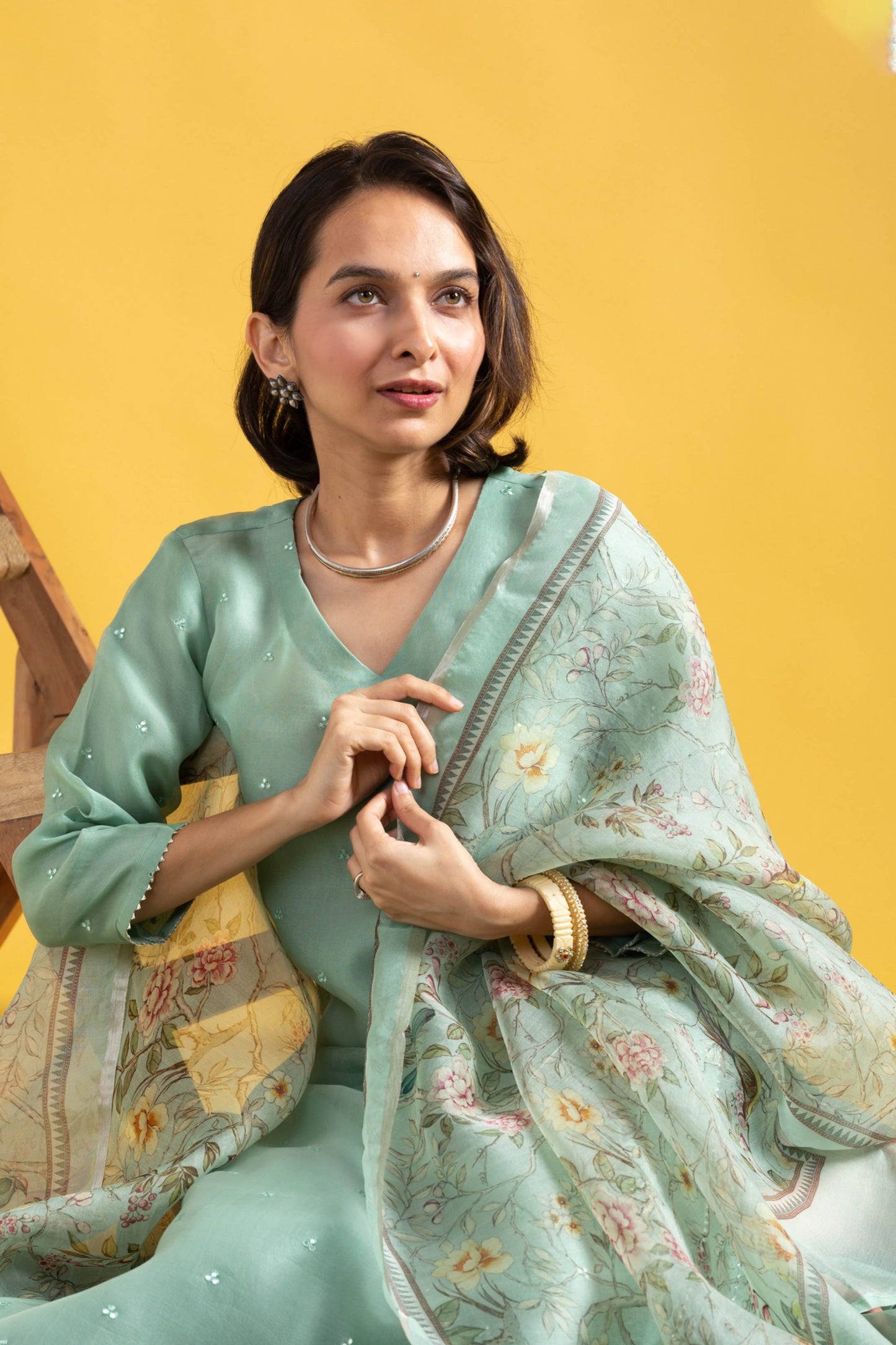 Nairica Sage Green Viscose Chanderi Embroidered Kurta Set