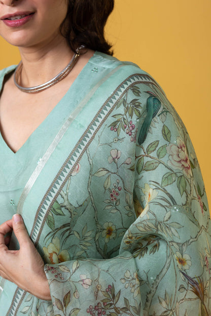 Nairica Sage Green Viscose Chanderi Embroidered Kurta Set