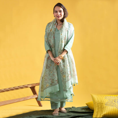 Nairica Sage Green Viscose Chanderi Embroidered Kurta Set