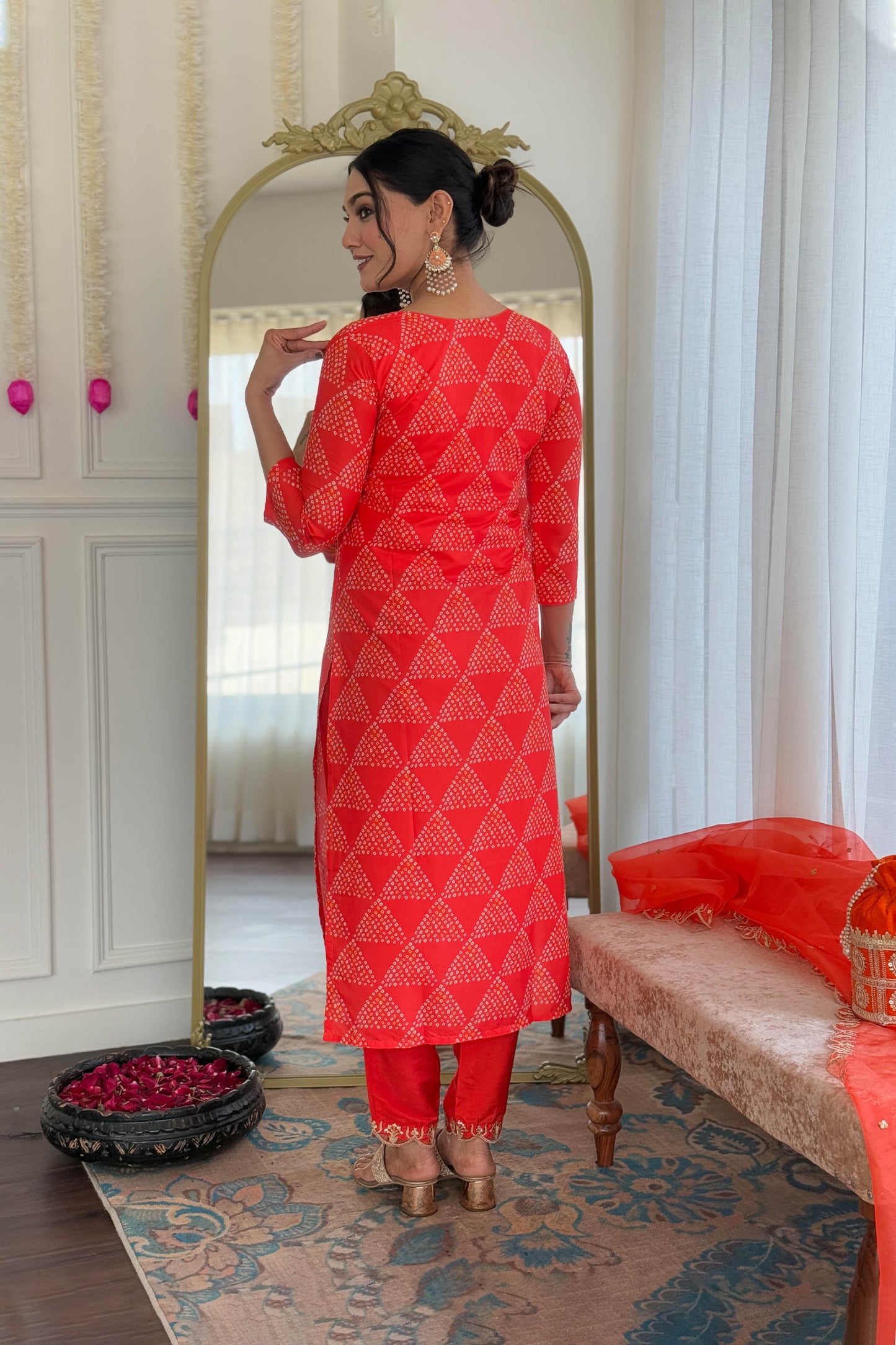 Tejasvi Red French Crepe Bandhani Embroidered Kurta Set