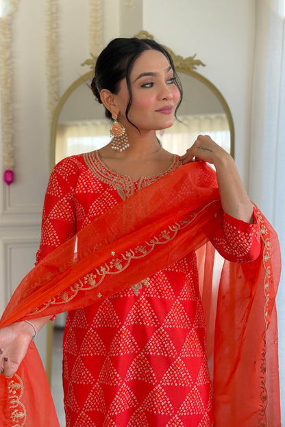 Tejasvi Red French Crepe Bandhani Embroidered Kurta Set