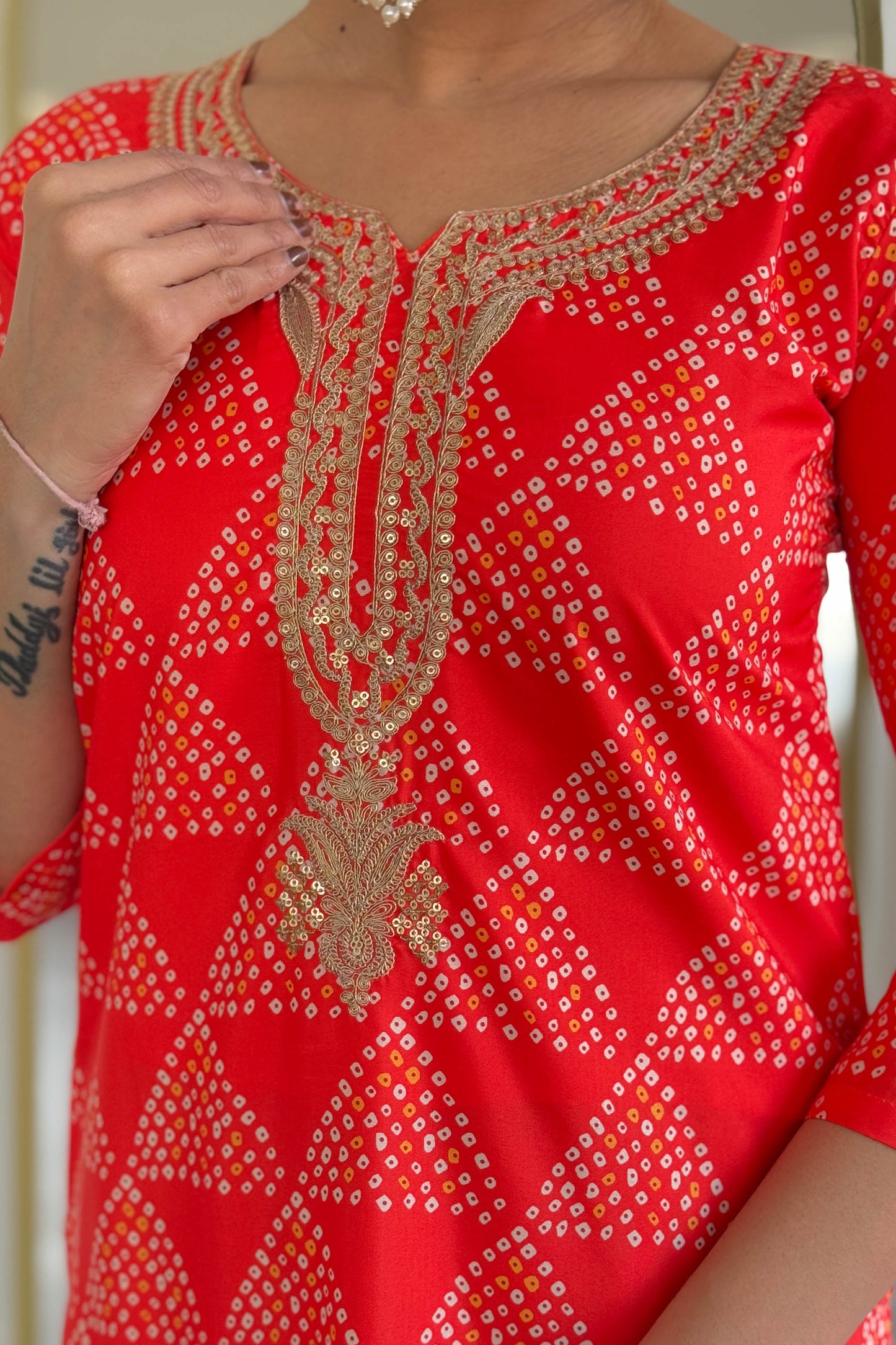 Tejasvi Red French Crepe Bandhani Embroidered Kurta Set