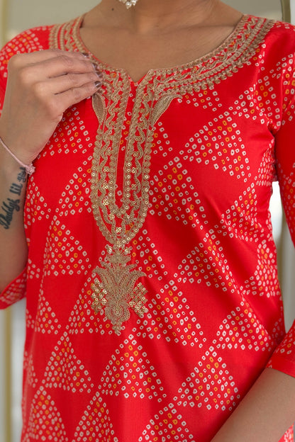 Tejasvi Red French Crepe Bandhani Embroidered Kurta Set