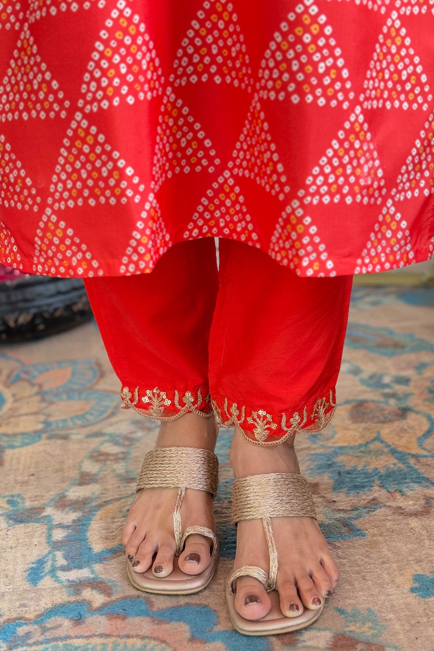 Tejasvi Red French Crepe Bandhani Embroidered Kurta Set