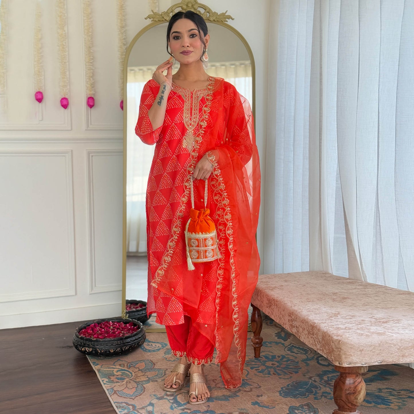 Tejasvi Red French Crepe Bandhani Embroidered Kurta Set