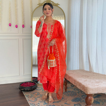 Tejasvi Red French Crepe Bandhani Embroidered Kurta Set