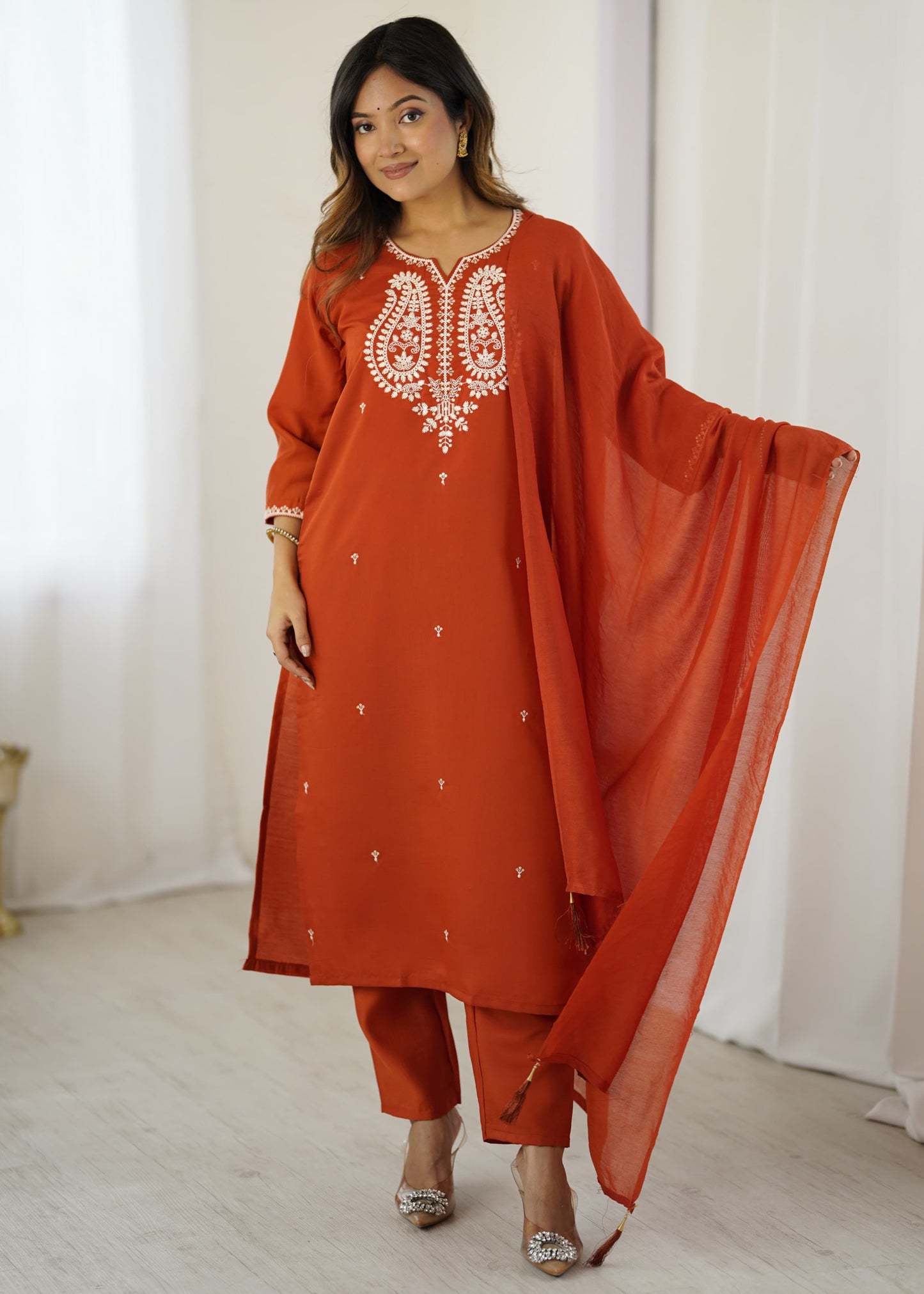 Maaviya Rust Orange White Chikankari Embroidered Kurta Set