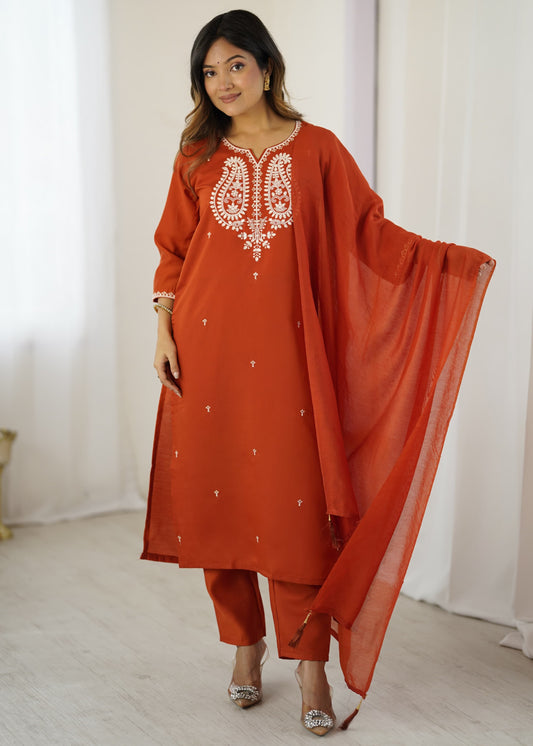 Maaviya Rust Orange White Chikankari Embroidered Kurta Set