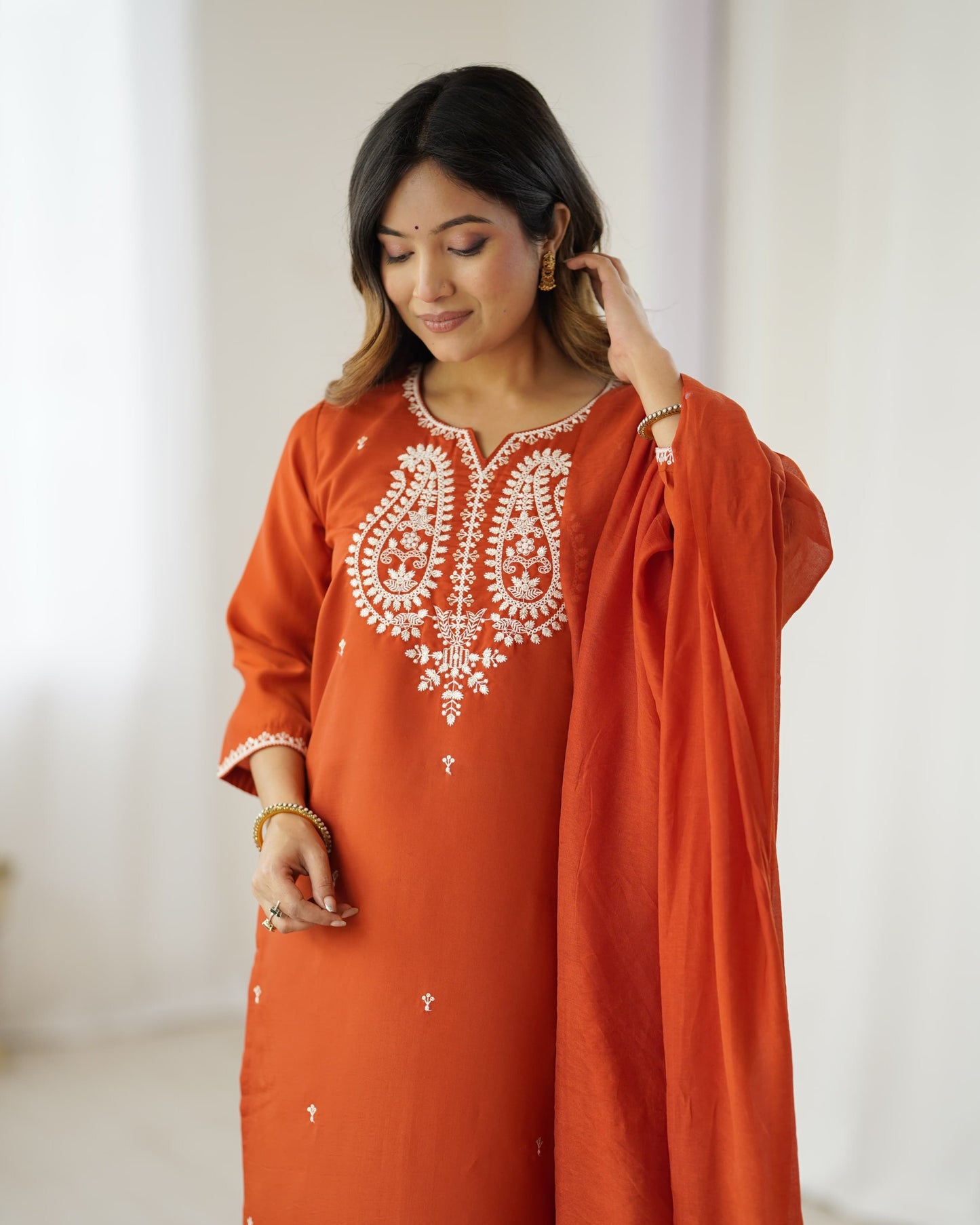 Maaviya Rust Orange White Chikankari Embroidered Kurta Set