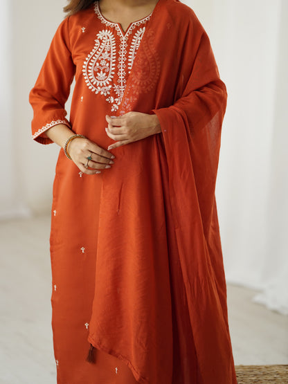 Maaviya Rust Orange White Chikankari Embroidered Kurta Set