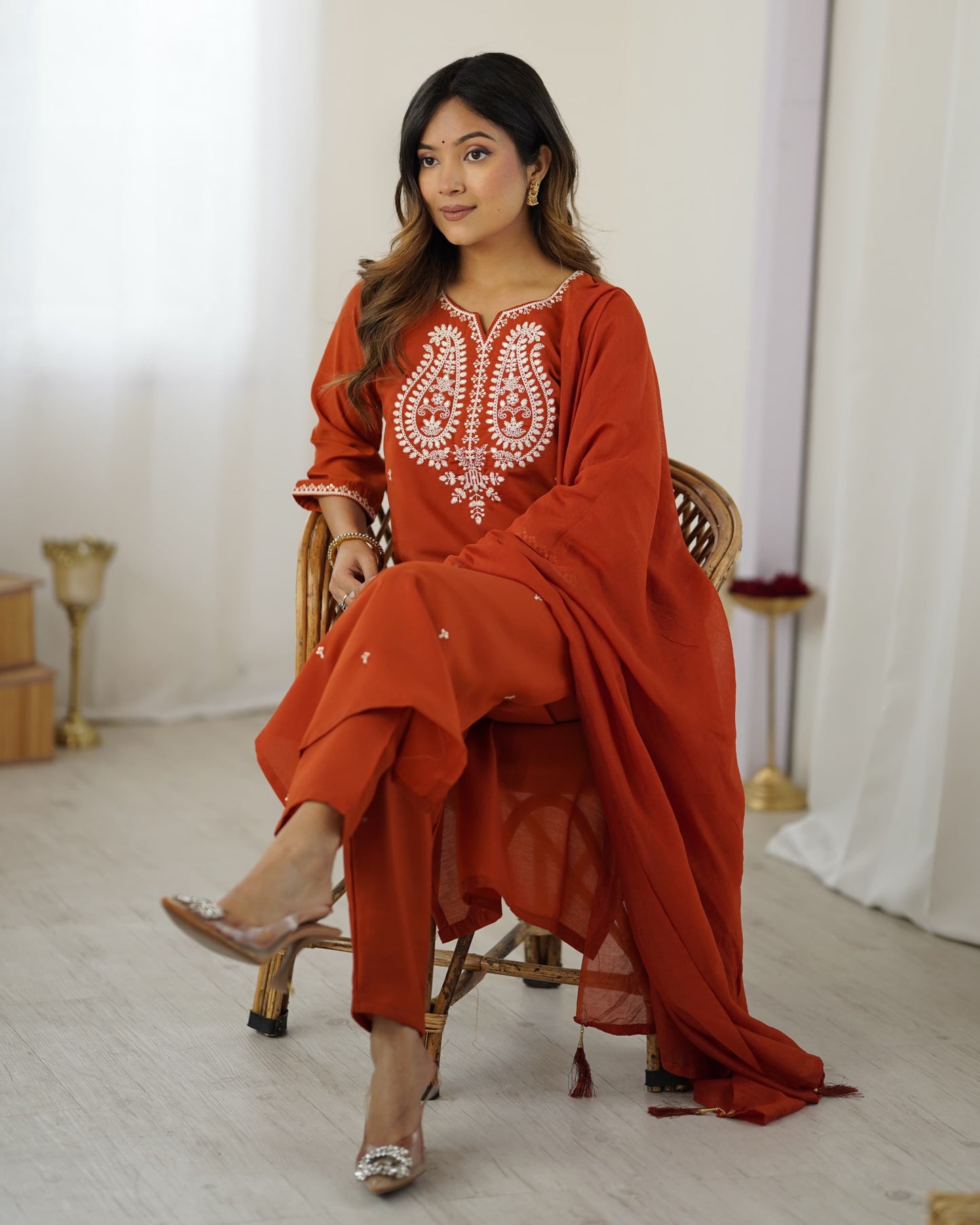 Maaviya Rust Orange White Chikankari Embroidered Kurta Set