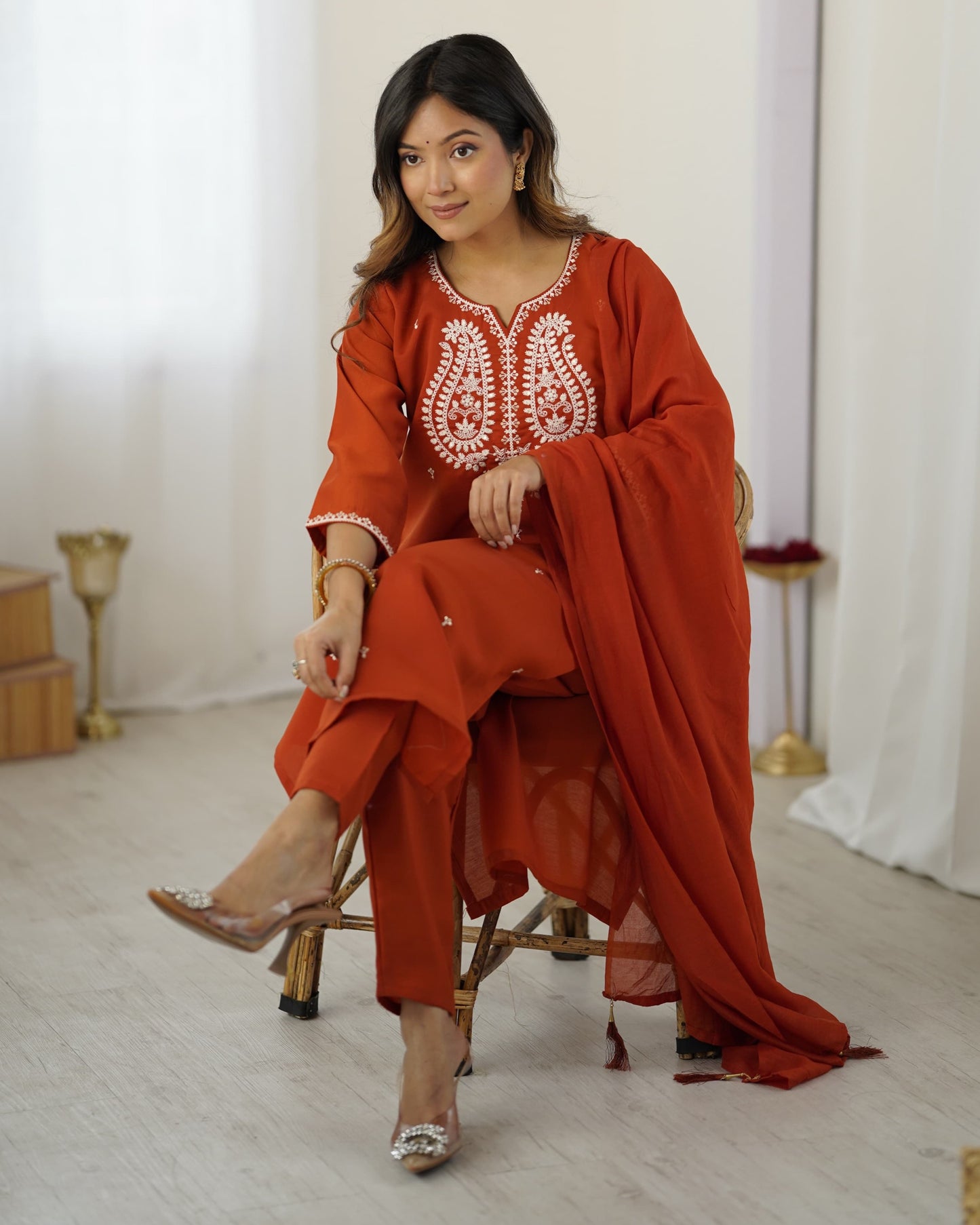 Maaviya Rust Orange White Chikankari Embroidered Kurta Set