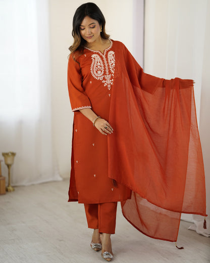 Maaviya Rust Orange White Chikankari Embroidered Kurta Set