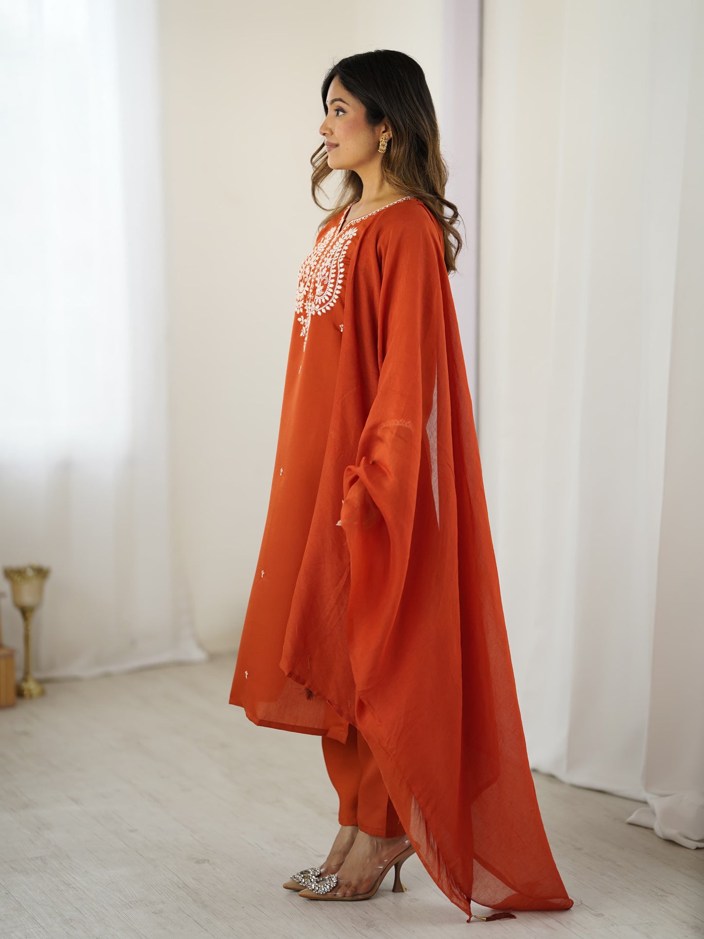 Maaviya Rust Orange White Chikankari Embroidered Kurta Set