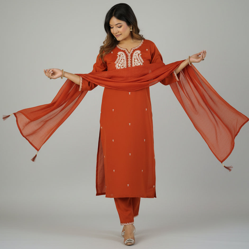 Maaviya Rust Orange White Chikankari Embroidered Kurta Set