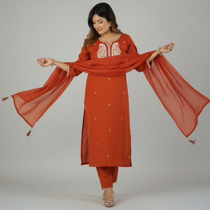 Maaviya Rust Orange White Chikankari Embroidered Kurta Set