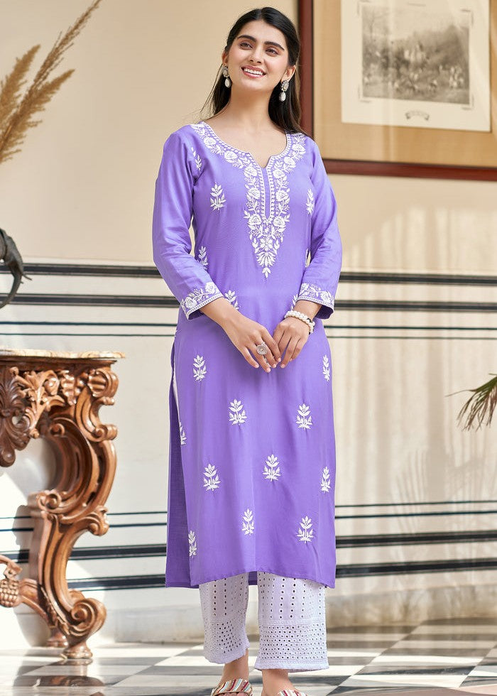 Lavanya Lavender White Chikankari Embroidered Kurta Set