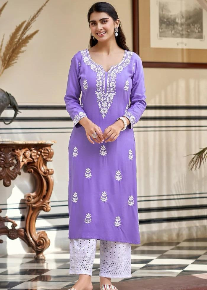 Lavanya Lavender White Chikankari Embroidered Kurta Set