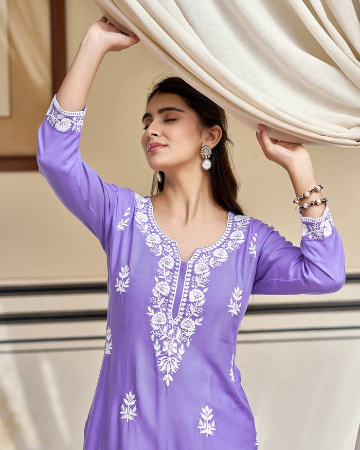 Lavanya Lavender White Chikankari Embroidered Kurta Set