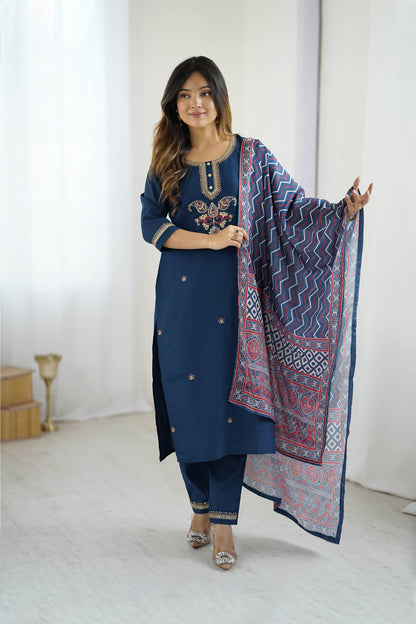 Nilufar Navy Blue Chanderi Silk Embroidered Kurta Set