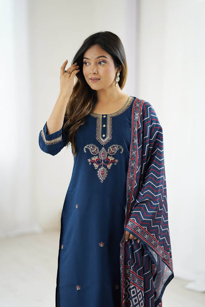 Nilufar Navy Blue Chanderi Silk Embroidered Kurta Set