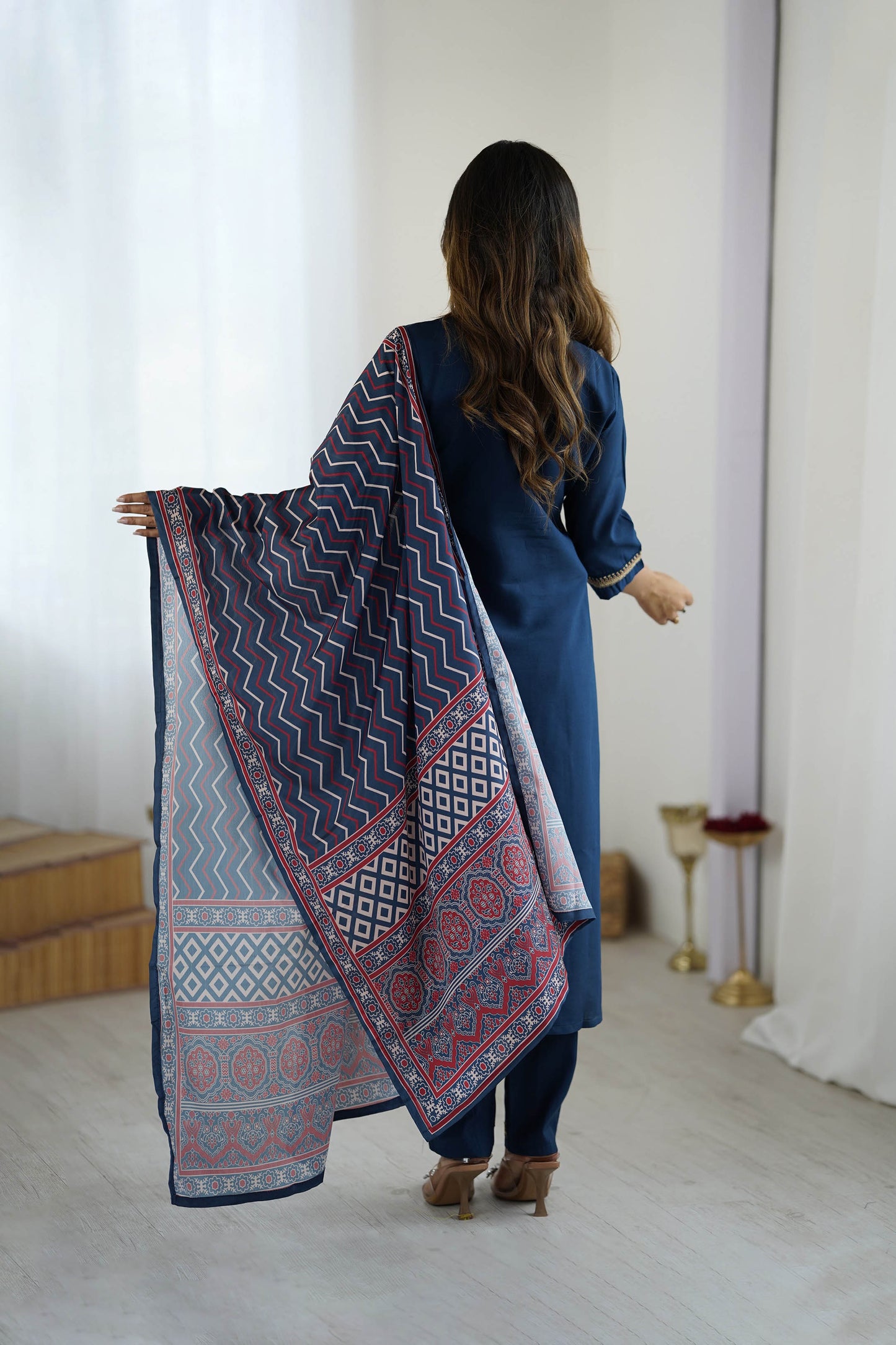 Nilufar Navy Blue Chanderi Silk Embroidered Kurta Set