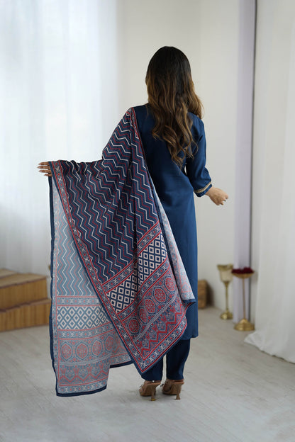 Nilufar Navy Blue Chanderi Silk Embroidered Kurta Set